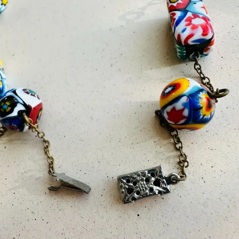 Vintage Venetian Murano Millefiori Bead Choker Necklace Mosaic Boho Art Deco